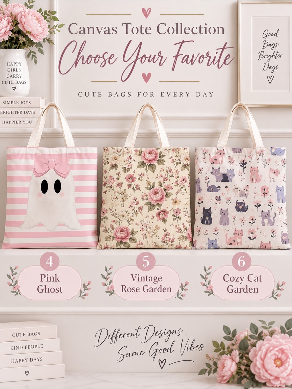 Canvas Tote Bag Cute Reusable Shopping Bag Floral Heart Cat Daisy- Choose 1 - Picture 3 of 6